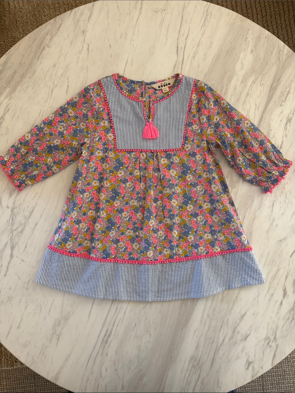 Boden Girls' Floral & Stripe Pink Tassel Tunic Dress, Size 4-5